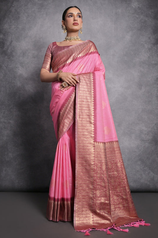 Pink Color Tussar Silk Zari Weaving Border Work Saree