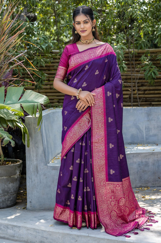 Delightful Purple Color Weaving Work Banarasi Art Silk Fabric Function Wear Saree