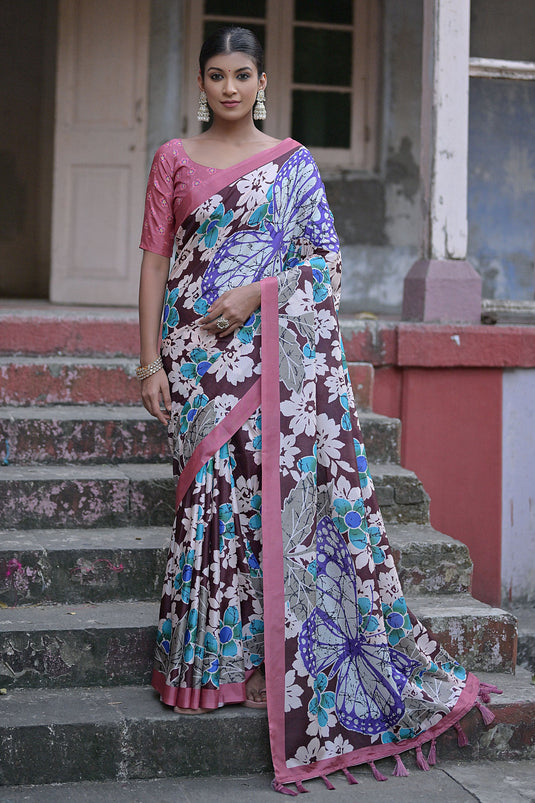 Cotton Silk Fabric Brown Color Floral Printed Saree