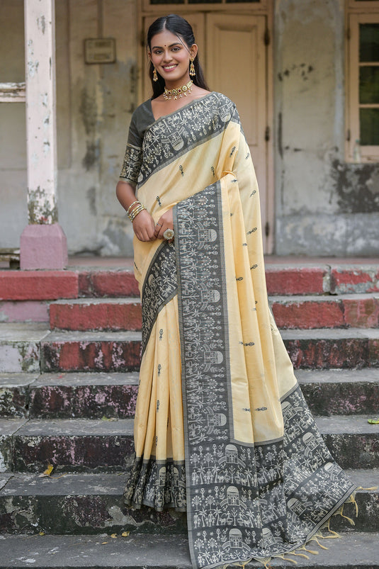 Beige Handloom Raw Silk Woven Border Saree