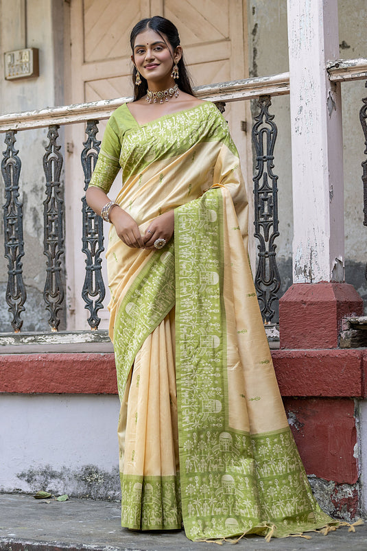 Beige Exclusive Woven Border Handloom Raw Silk Sarees