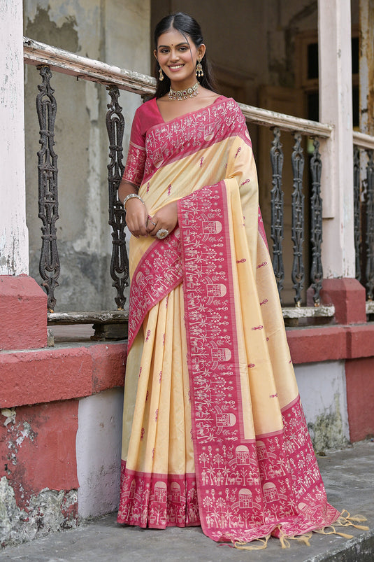 Attractive Beige Woven Border Handloom Raw Silk Simple Saree