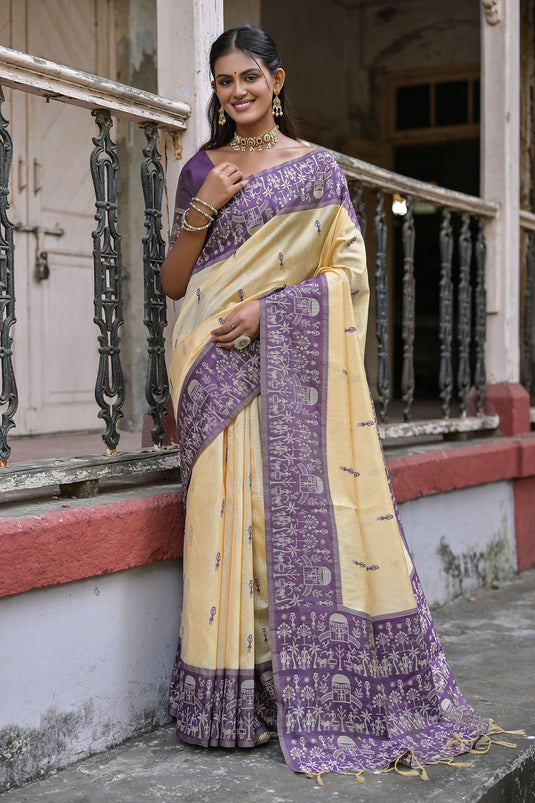 Daily Wear Handloom Raw Silk Woven Border Beige Saree