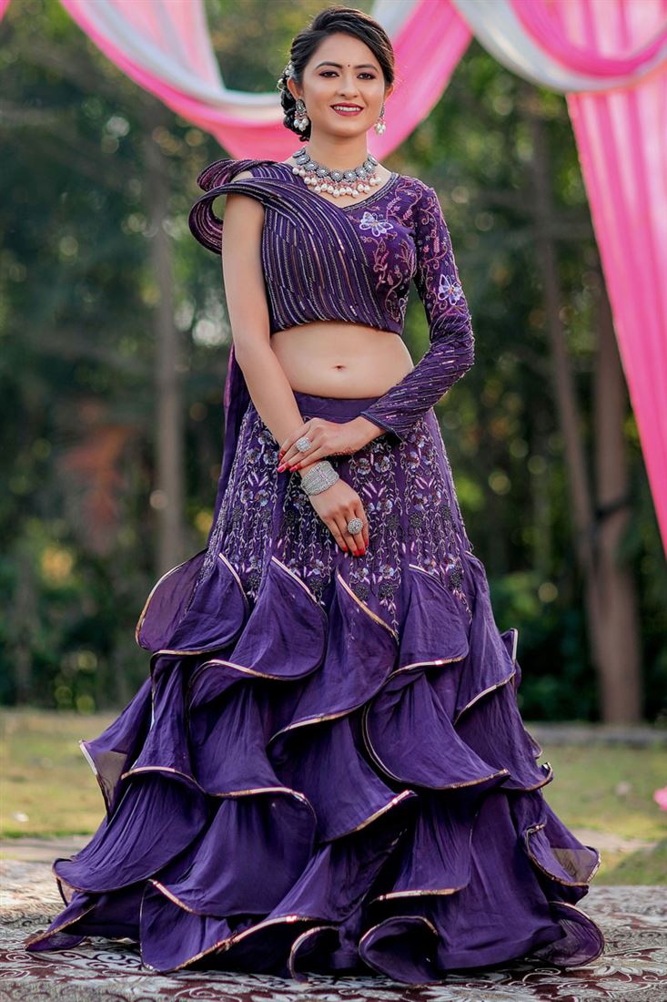 Silk Fabric Wedding Look Purple Color Delicate Lehenga