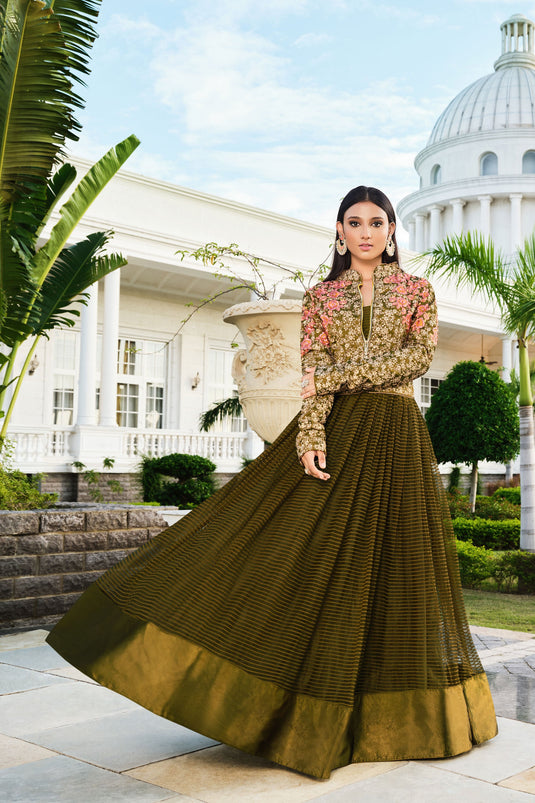 Olive Color Fancy Fabric Tempting Sangeet Wear Anarkali Suit