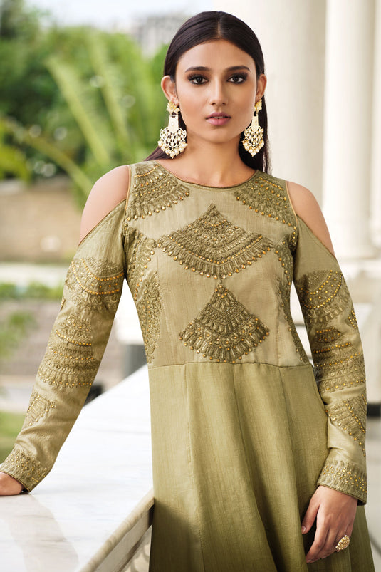 Art Silk Fabric Khaki Color Supreme Sangeet Wear Anarkali Suit