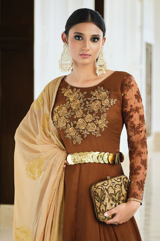Alluring Art Silk Fabric Brown Color Sangeet Wear Anarkali Suit