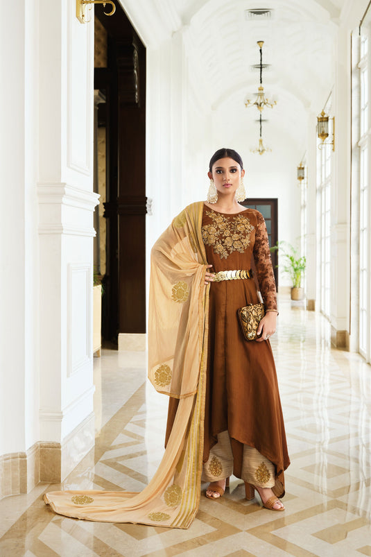Alluring Art Silk Fabric Brown Color Sangeet Wear Anarkali Suit