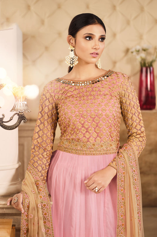 Excellent Net Fabric Peach Color Sangeet Wear Anarkali Suit