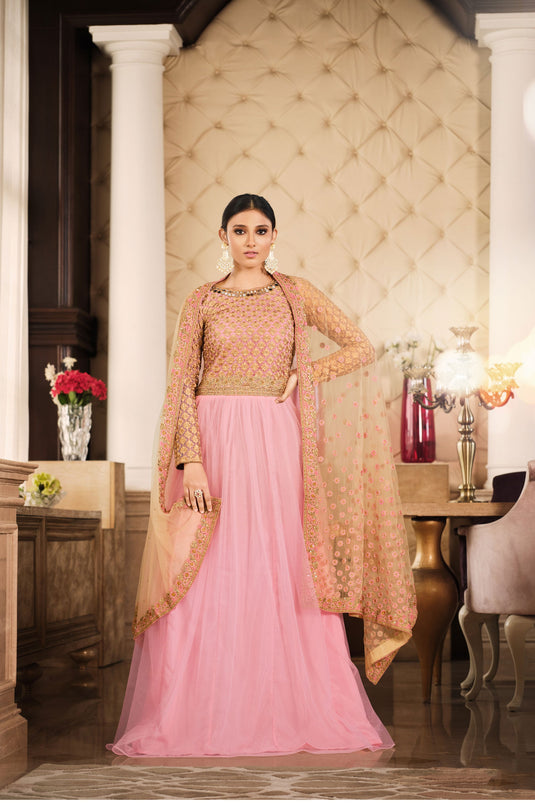 Excellent Net Fabric Peach Color Sangeet Wear Anarkali Suit