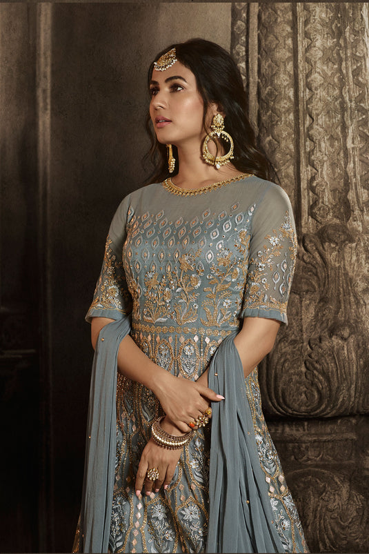 Sonal Chauhan Fascinating Grey Color Net Fabric Wedding Wear Anarkali Suit