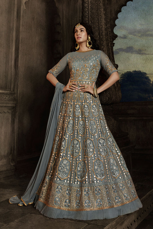Sonal Chauhan Fascinating Grey Color Net Fabric Wedding Wear Anarkali Suit