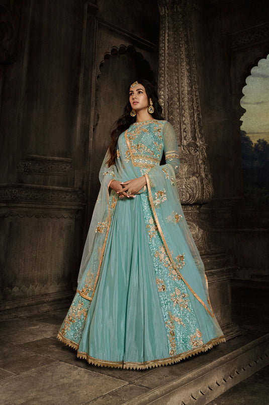 Sonal Chauhan Dazzling Net And Georgette Fabric Light Cyan Color Wedding Wear Anarkali Suit