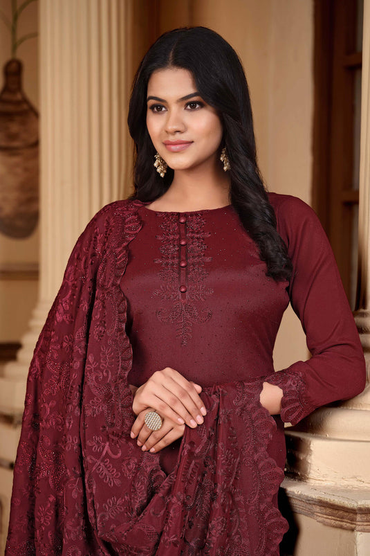 Maroon Color Exquisite Embroidered Salwar Suit In Art Silk Fabric