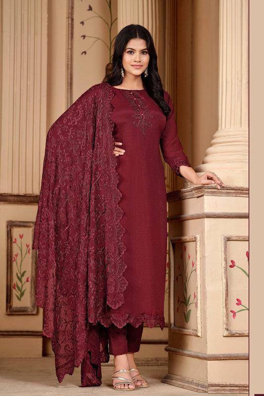 Maroon Color Exquisite Embroidered Salwar Suit In Art Silk Fabric