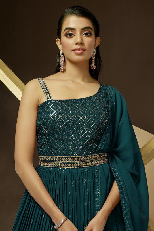 Teal Color Gerogette Designer Gown With Dupatta