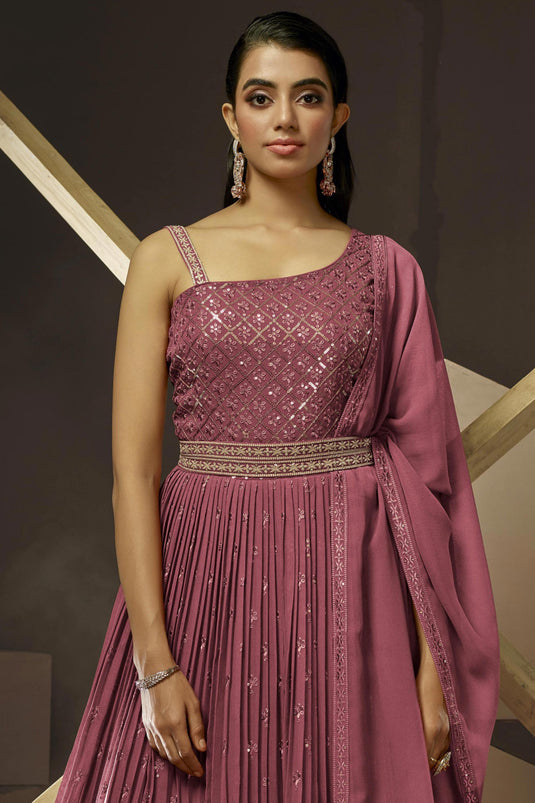 Albescent Pink Color Embroidered Readymade Party Style Gown With Dupatta