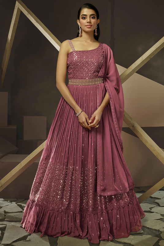 Albescent Pink Color Embroidered Readymade Party Style Gown With Dupatta