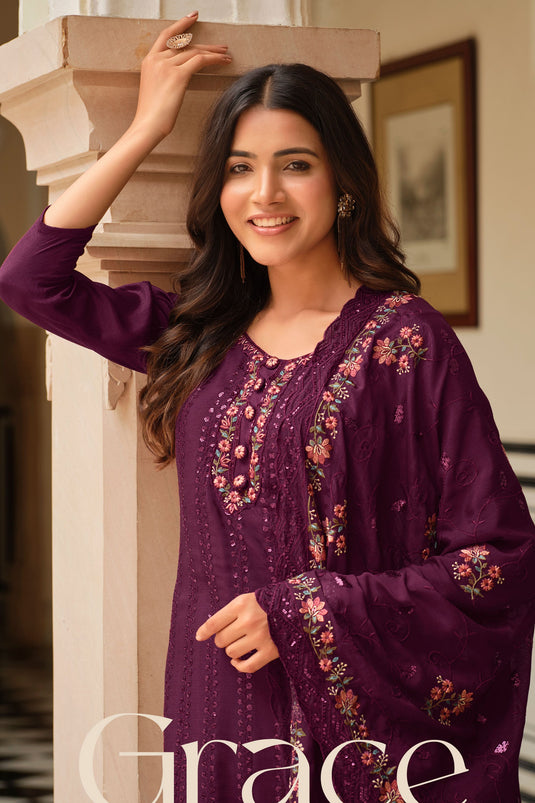 Chinon Fabric Purple Color Stylish Function Wear Salwar Suit