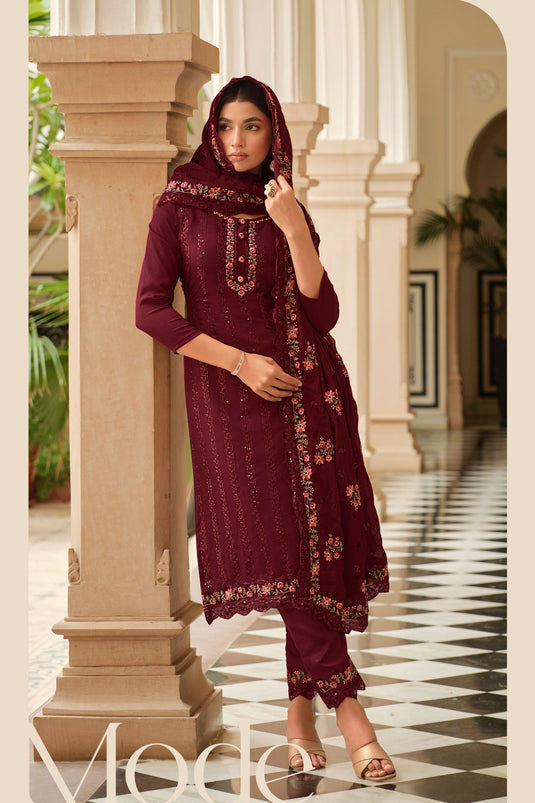 Fabulous Embroidered Chinon Fabric Maroon Color Salwar Suit
