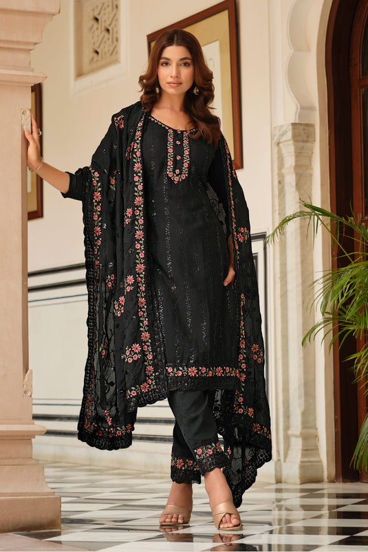 Black Color Chinon Fabric Glamorous Embroidered Salwar Suit
