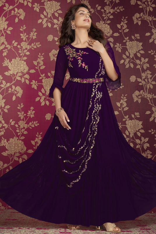 Albescent Purple Color Embroidered Readymade Party Style Gown