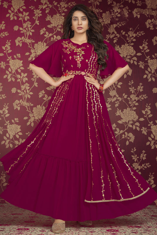 Dark magenta color georgette stitched embroidered partywear suit - Hirpara  House - 4251284