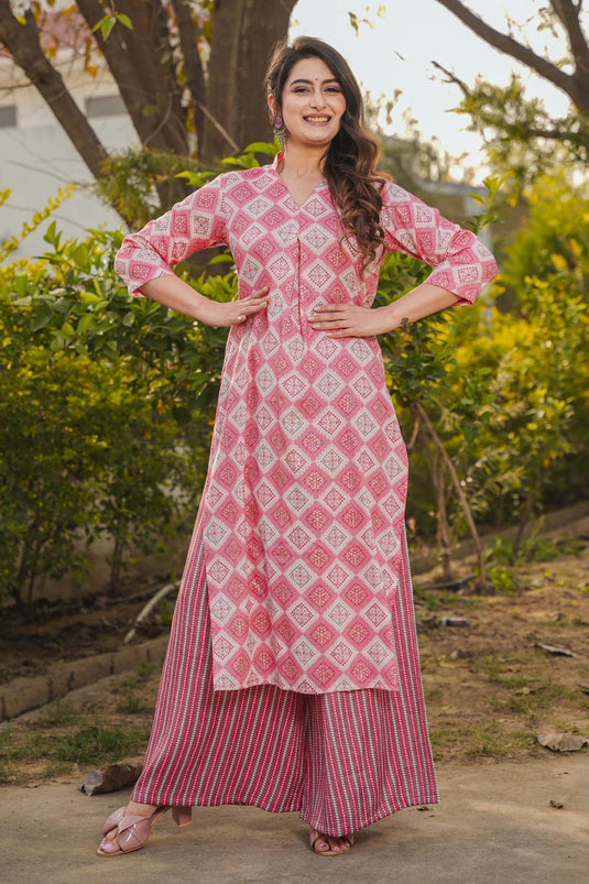 Pink Color Enthralling Digital Printed Work Kurti Readymade With Bottom In Rayon Fabric