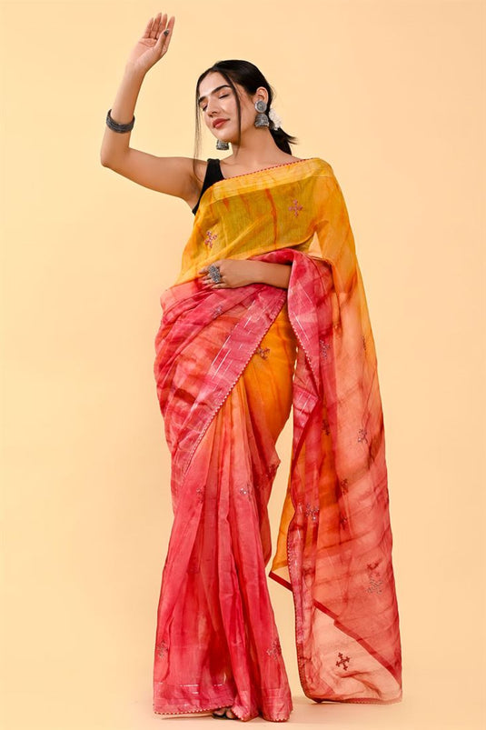 Beguiling Orange And Pink Color Casual Cotton Saree