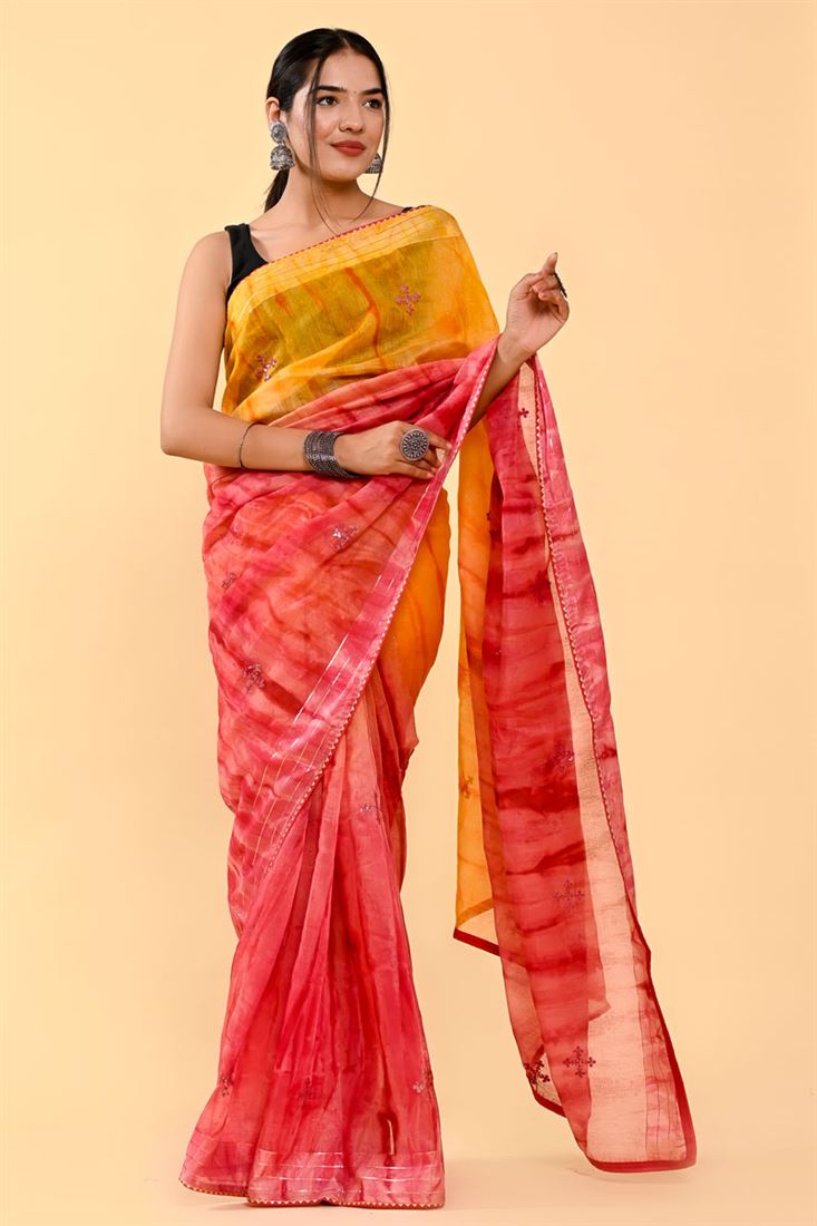 Siya - Orange Blue Cotton Silk Saree