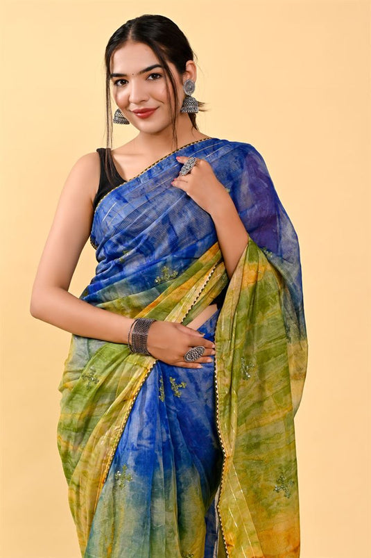 Embellished Casual Cotton Saree In Blue And Green Color
