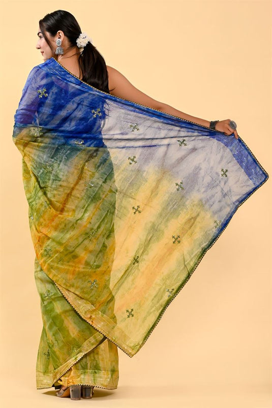 Embellished Casual Cotton Saree In Blue And Green Color