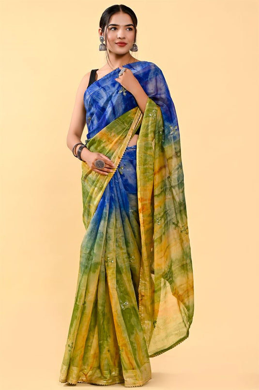 Embellished Casual Cotton Saree In Blue And Green Color