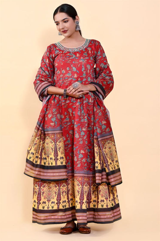 Art Silk Red Color Ingenious kalamkari Printed Gown With Dupatta