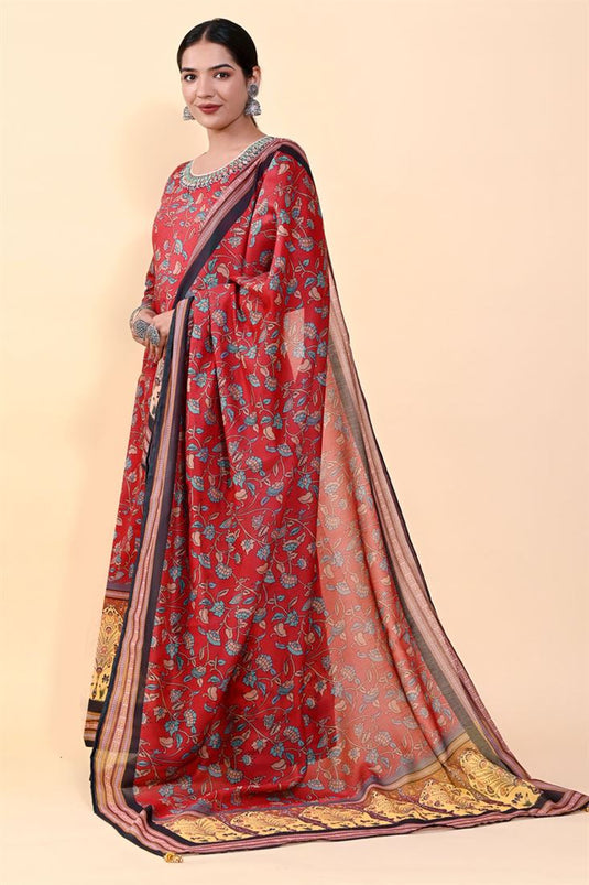 Art Silk Red Color Ingenious kalamkari Printed Gown With Dupatta