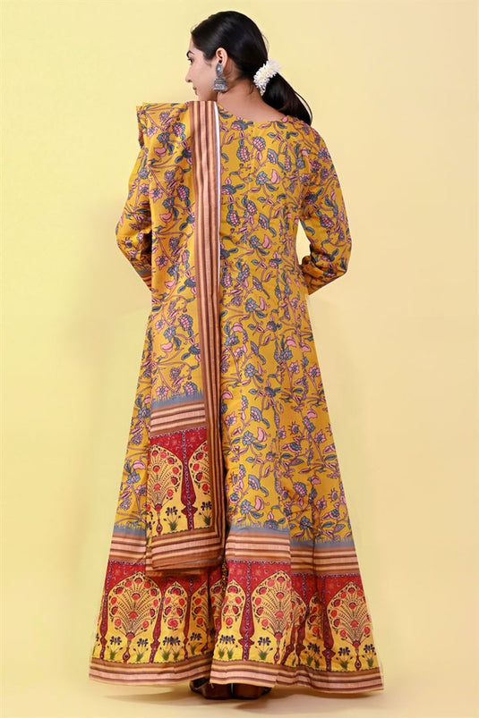 Yellow Color Art Silk Appealing kalamkari Printed Gown With Dupatta