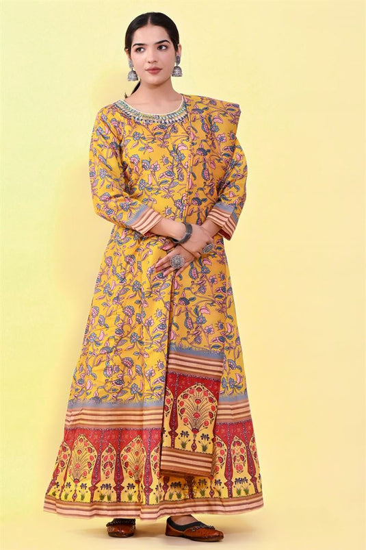 Yellow Color Art Silk Appealing kalamkari Printed Gown With Dupatta