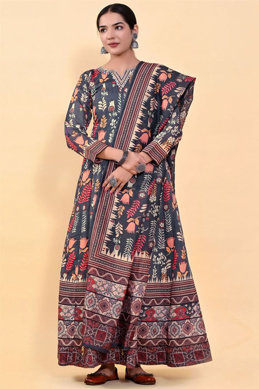 Navy Blue Color kalamkari Printed Vintage Art Silk Gown With Dupatta