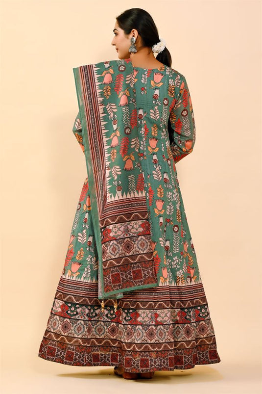 kalamkari Printed Sea Green Color Wonderful Art Silk Gown With Dupatta