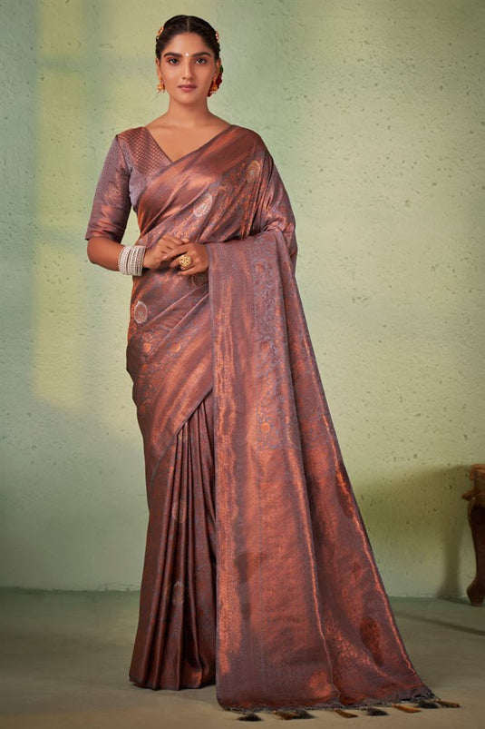 Grey Color Georgette Fabric Tempting Weaving Work Saree