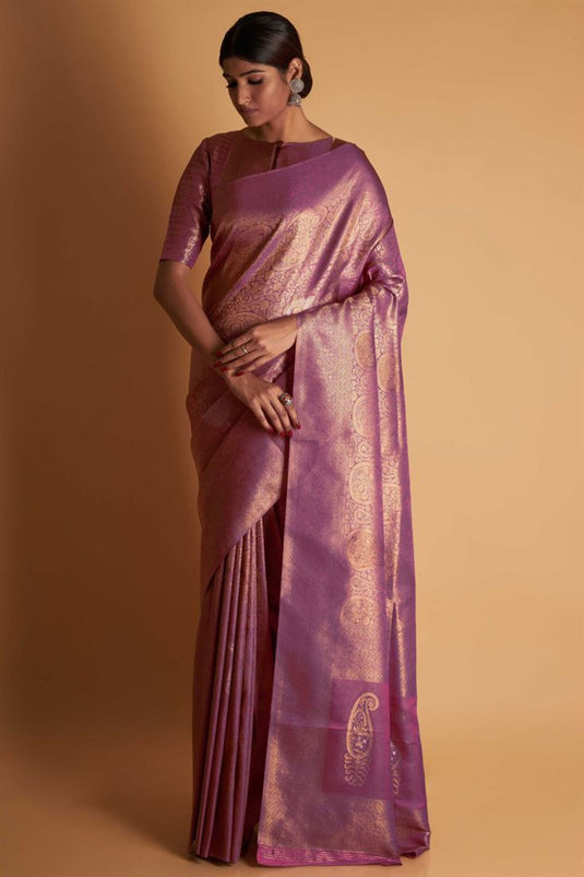 Tempting Kanjivaram Silk Fabric Pink Color Saree With Weaving Work