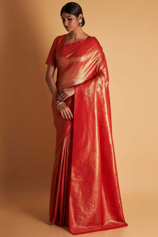 Engaging Kanjivaram Silk Fabric Red Color Saree With Weaving Work