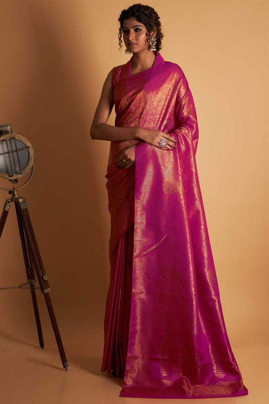 Trendy Kanjivaram Silk Fabric Pink Saree With Weaving Work
