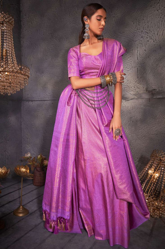 Weaving Work On Purple Color Adorning Kanjivaram Silk Saree