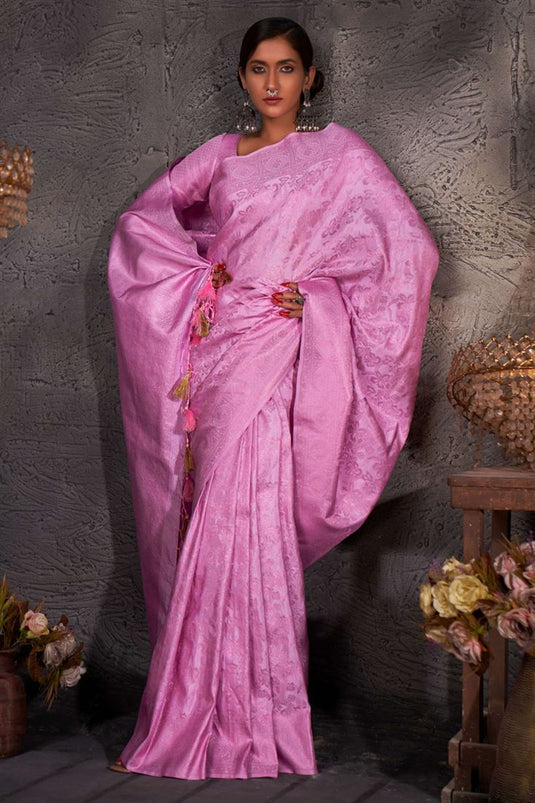 Marvellous Colored Zari Weaving Work Art Silk Pink Saree