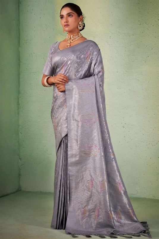 Kanjivaram Silk Grey Color Riveting Saree
