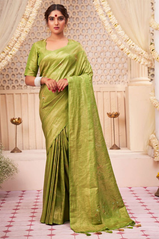 Awesome Kanjivaram Silk Fabric Function Wear Saree In Green Color