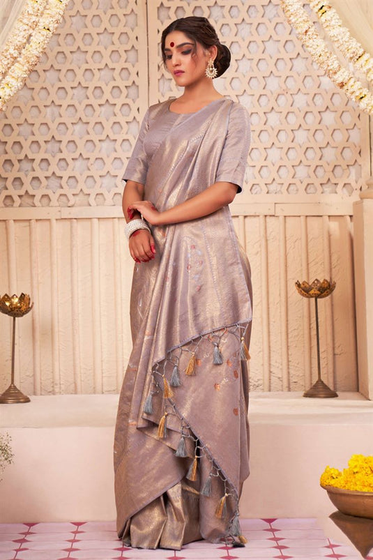 Imperial Grey Color Kanjivaram Silk Fabric Function Wear Saree