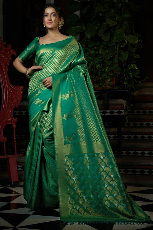 Shimmer Green Two Tone Kanjivaram Silk Saree with Weaving Work