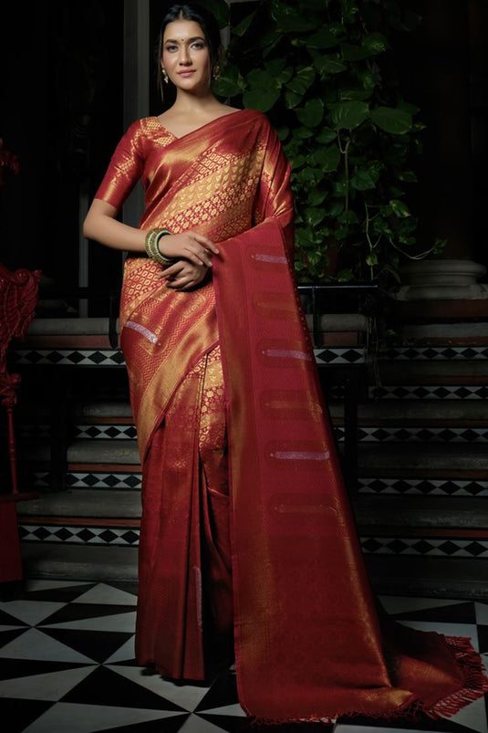 Enchanting Red Two Tone Kanjivaram Silk Saree with Weaving Work for Function Occasions